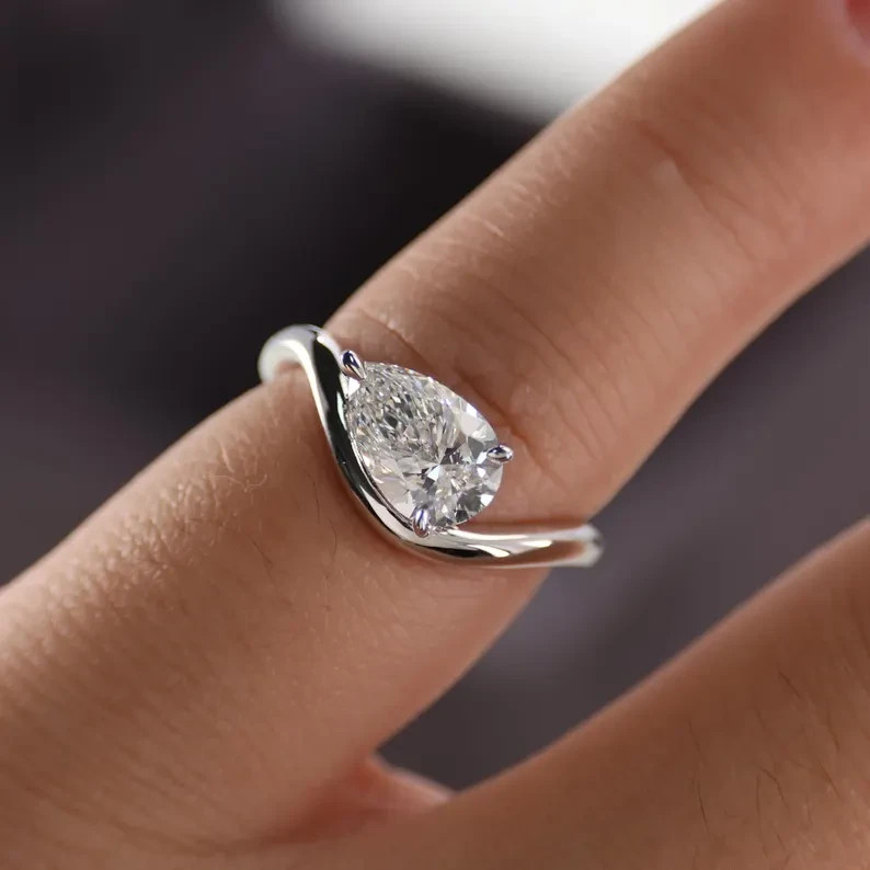 14K White Gold Pear Cut Lab Grown Diamond Solitaire Style Engagement Gift Ring