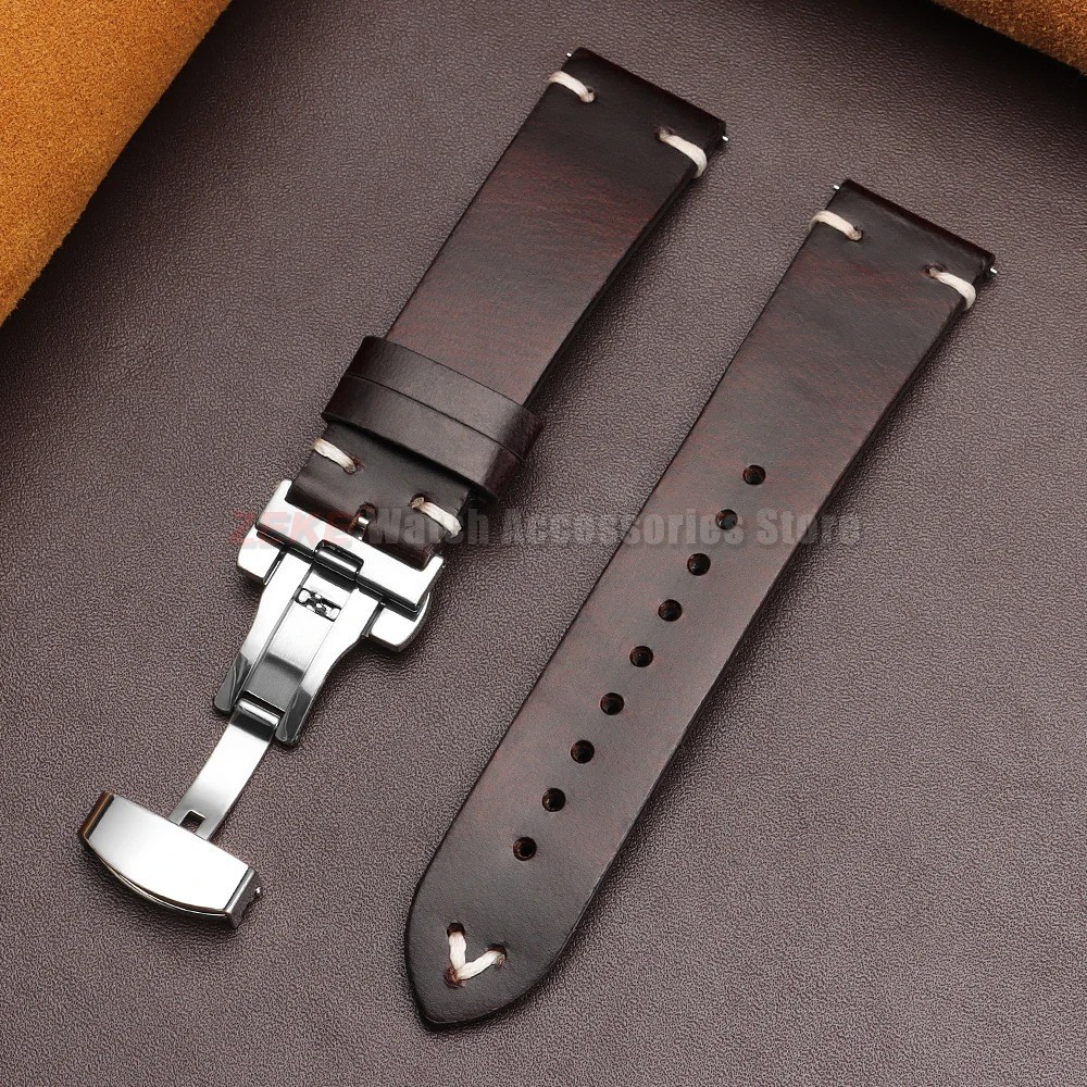 Genuine Leather Butterfly Buckle Watch Bands 18/20/22mm Waterproof Retro Oil Wax