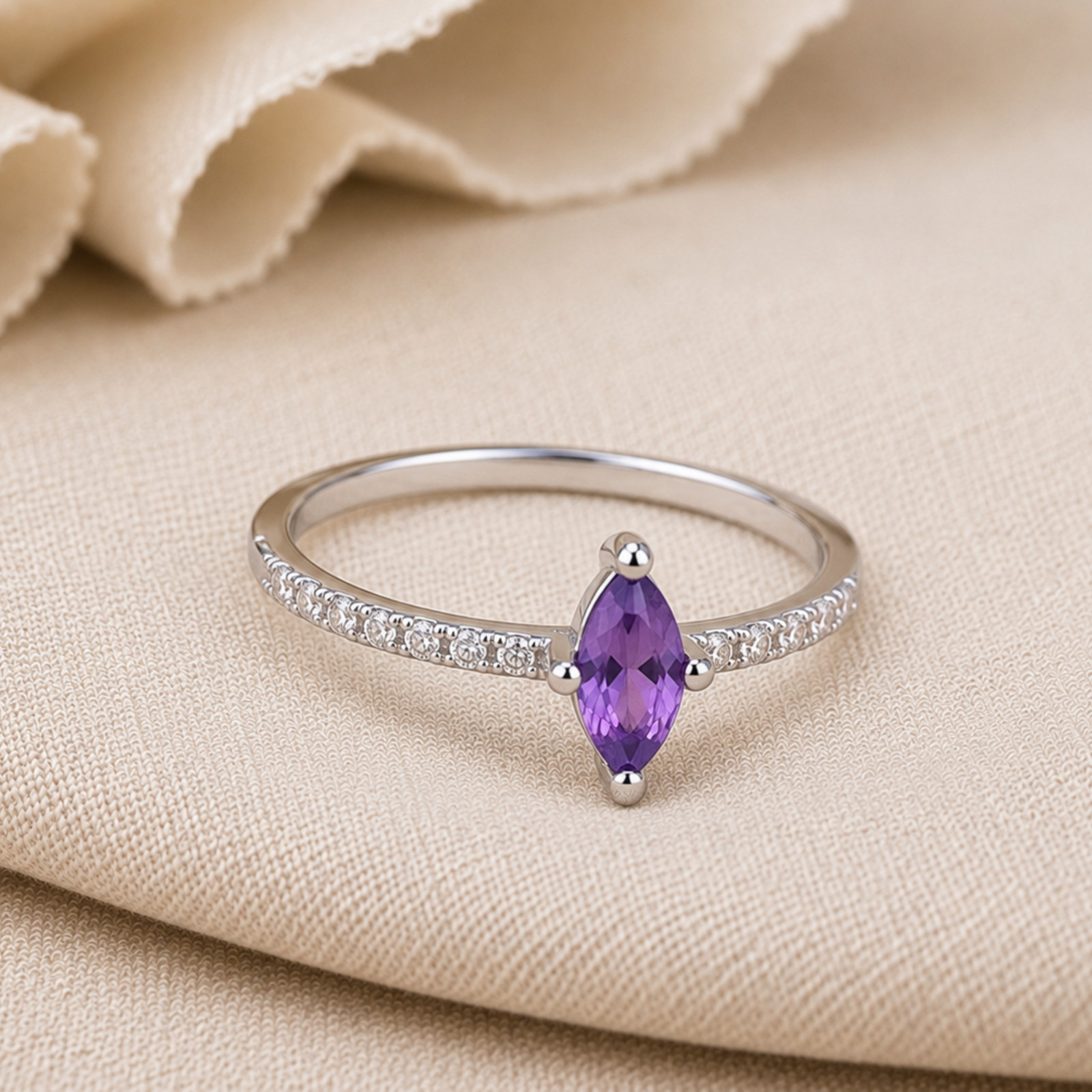 925 Sterling Silver Marquise Purple Amethyst Ring White Zircon Dainty Gift Ring