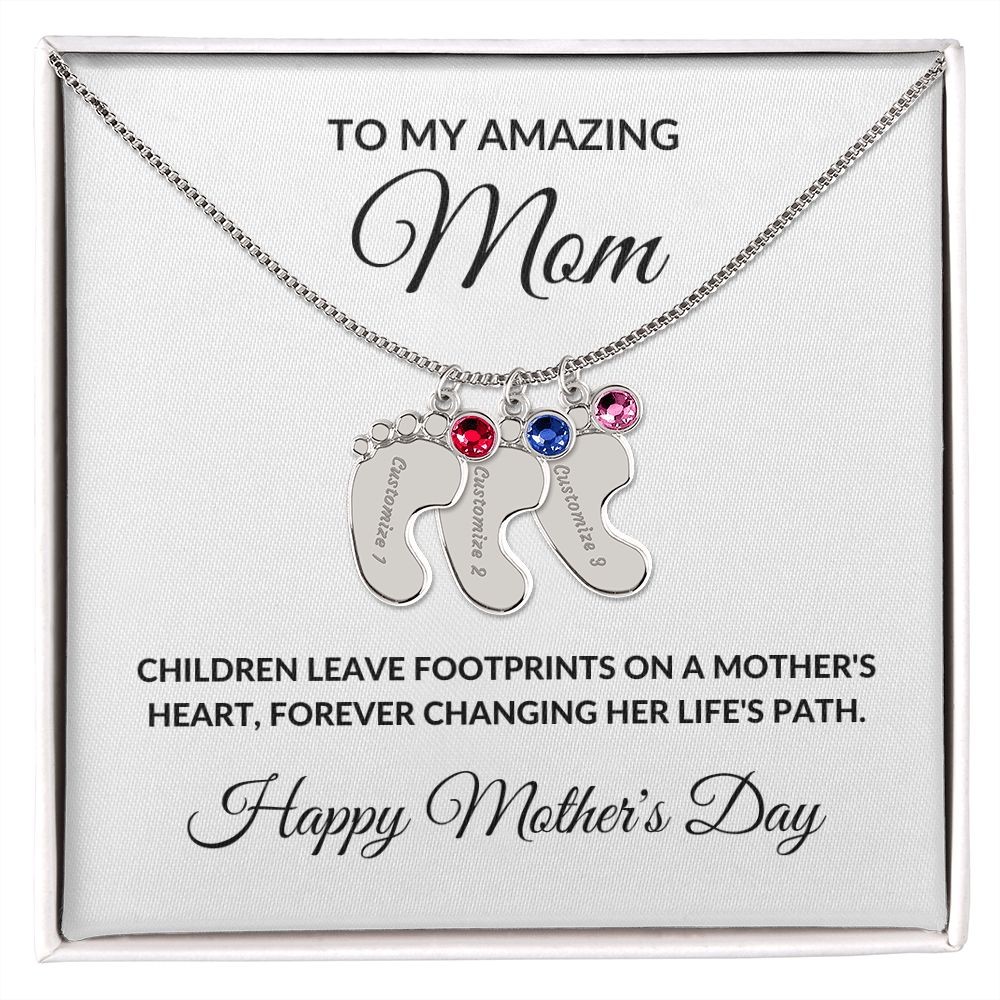 Mother’s Day Personalized Engraved Birthstone Necklace Baby Feet Gift for Mom