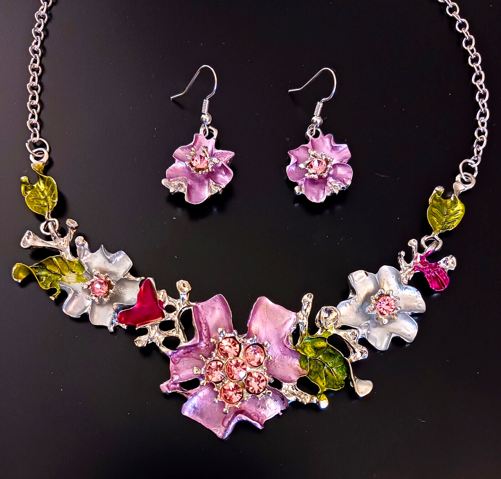 Bouquet Pink FLOWER GARDEN Floral Rhinestone Betsey Johnson Necklace Earring Set