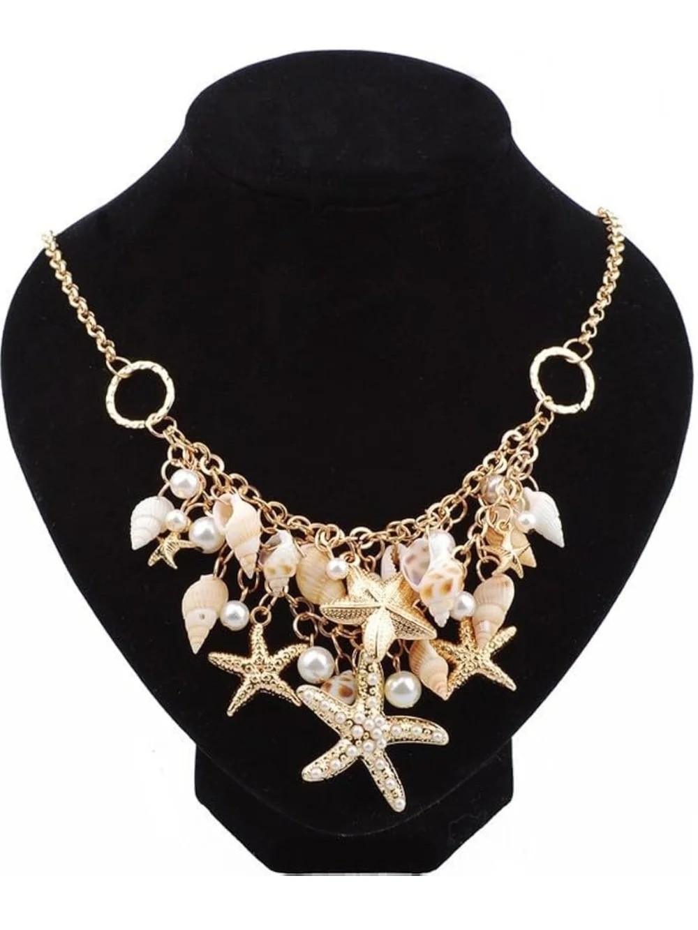 Gold Tone Shell & Pearl Starfish Charm Statement Necklace, Adjustable