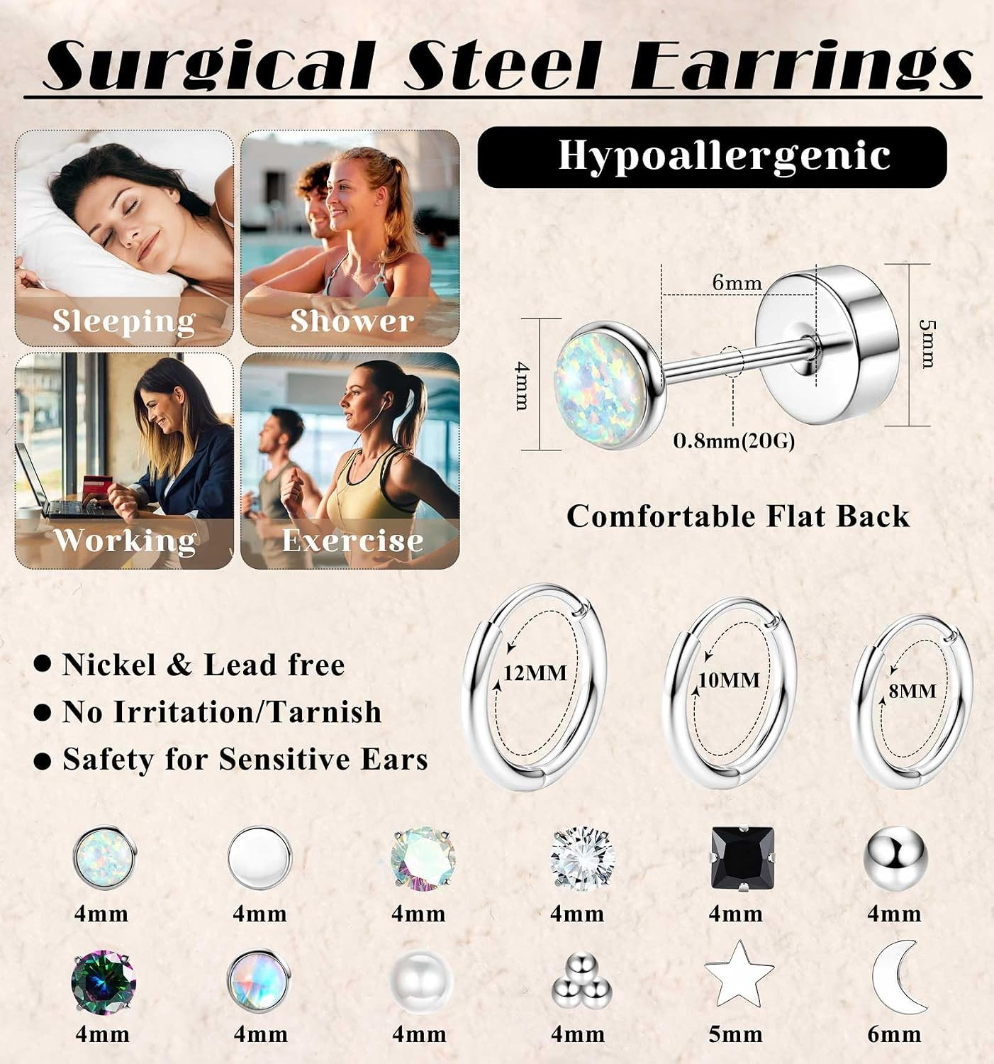 Hypoallergenic Flat Back Stud Earrings for Women Men Surgical Stainless Steel Ea