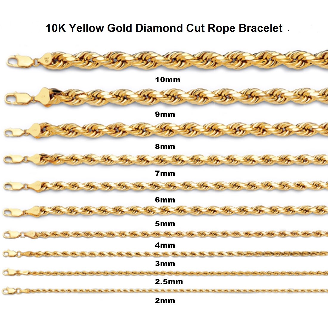 Men’s 10K Yellow Gold Rope Chain Wrist Bracelet 7″, 8″, 9″ – 2MM to 10MM