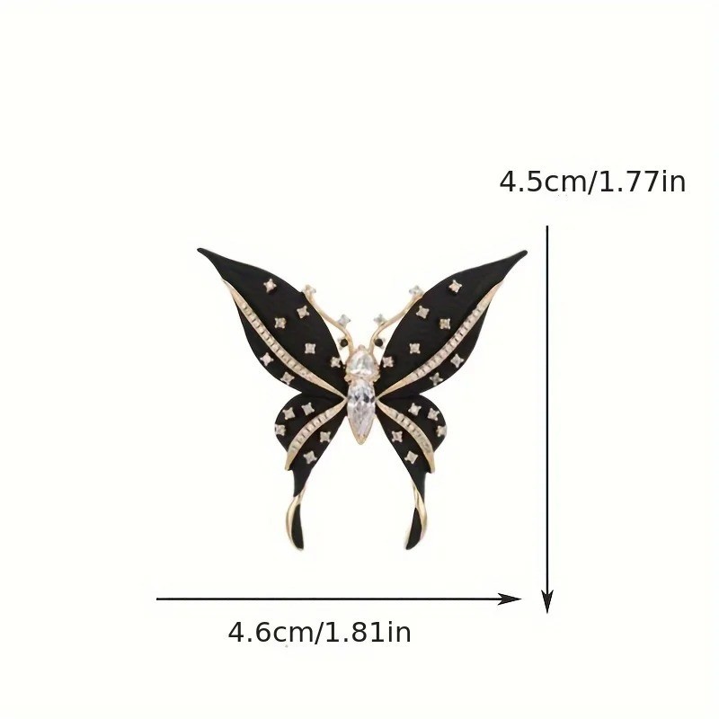 Vintage Black Enamel Butterfly Brooch Gold Tone Crystal Rhinestone Pin