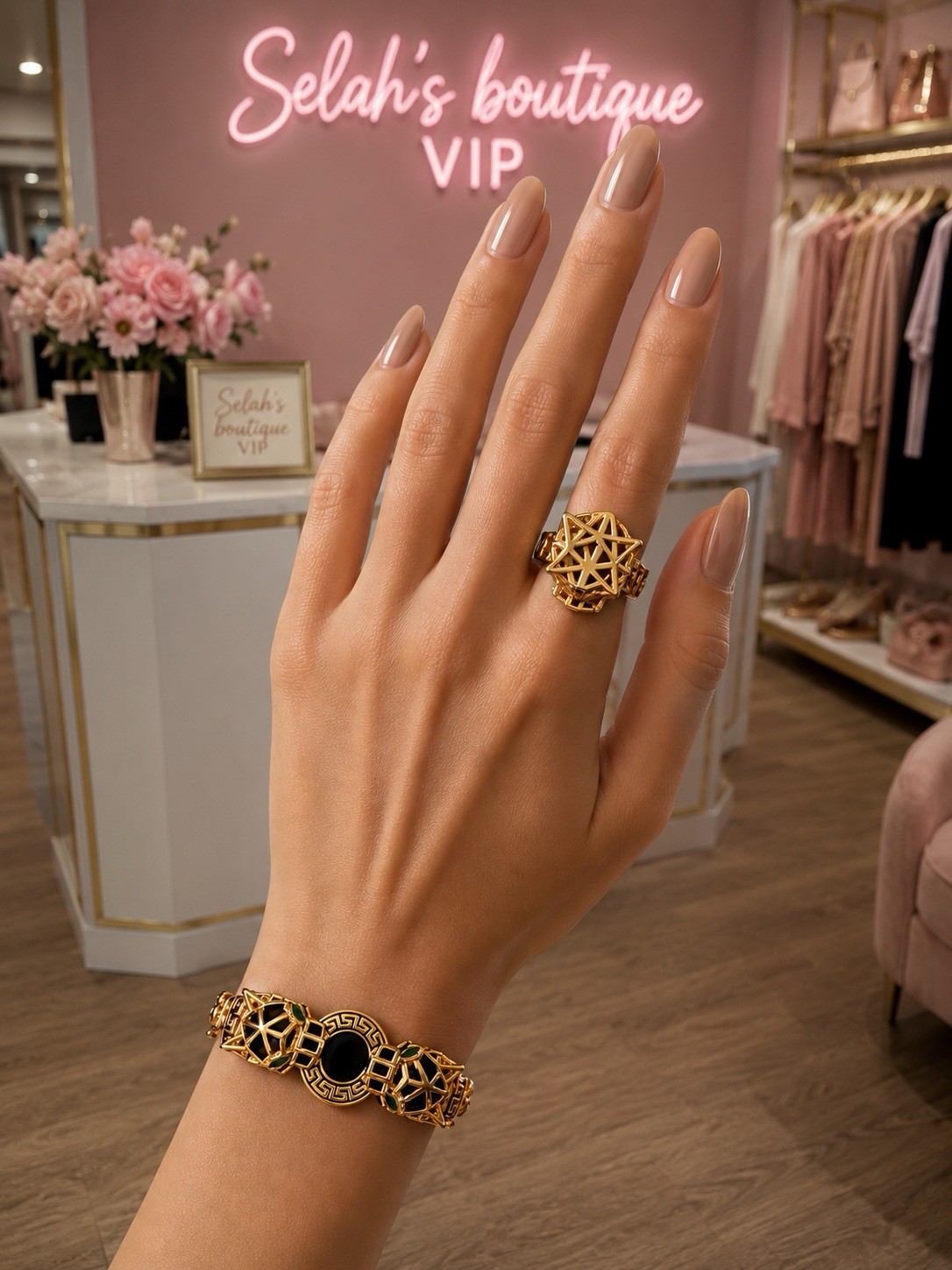 Elegant top quality gold tone none fade none tarnished bracelet and ring size 10