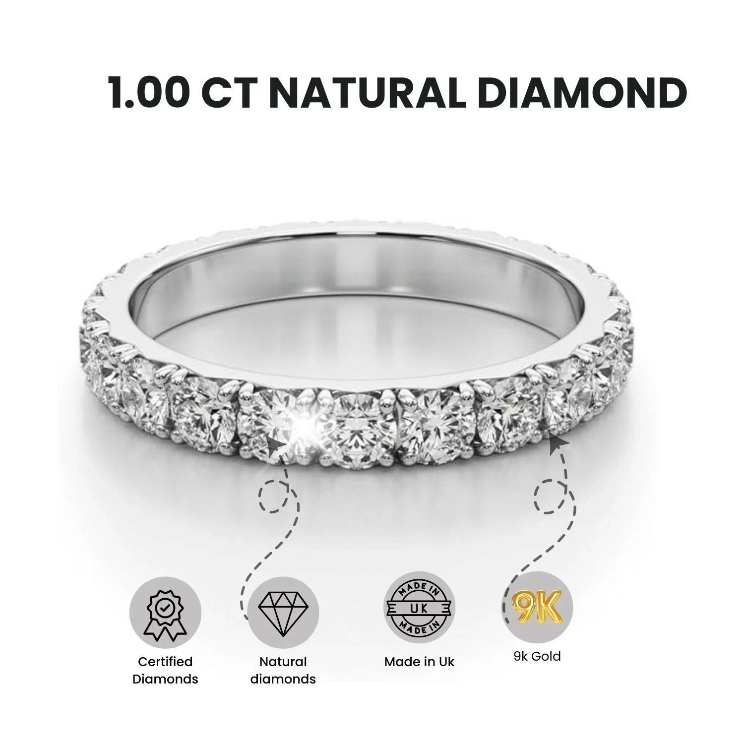 2.7MM 1.00CT Natural Round Diamond French Pave Set Full Eternity Ring White Gold