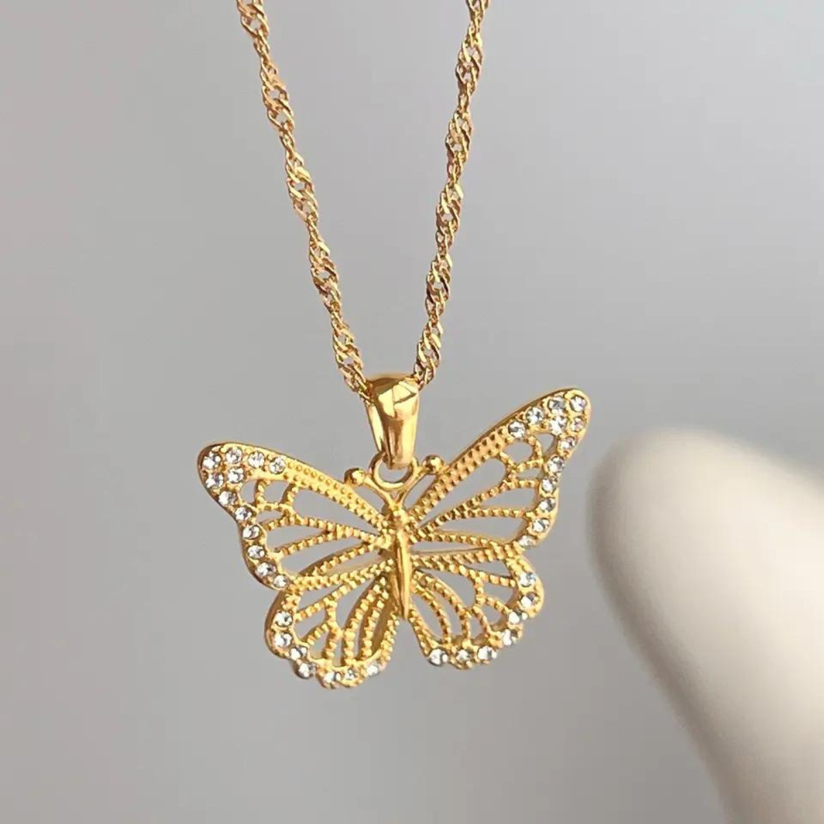Unique Butterfly Pendant Necklace 18K Gold over Stainless Steel CZ waterproof