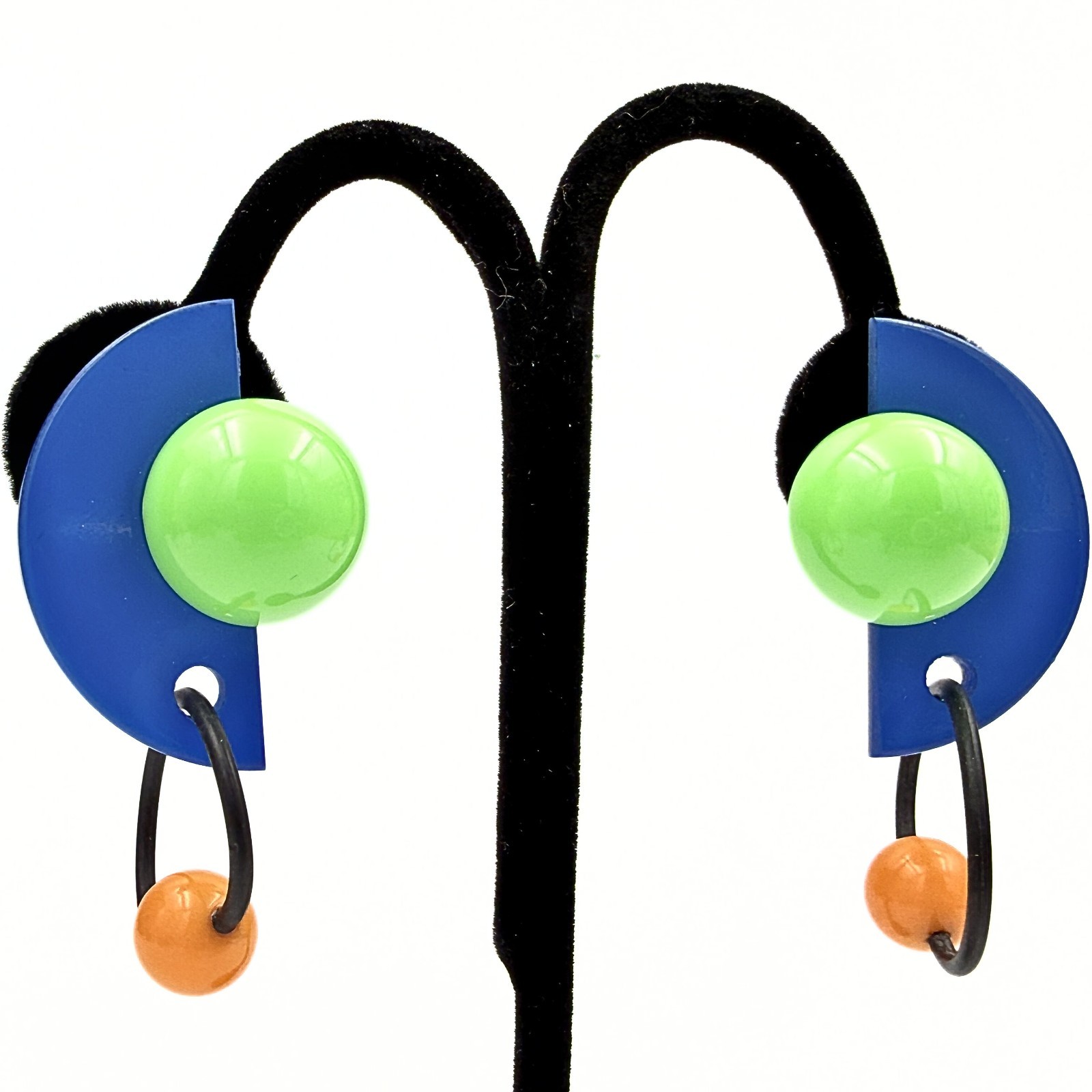 Vintage MCM Blue Green Orange Geometric Lucite Dangle Clip Earrings