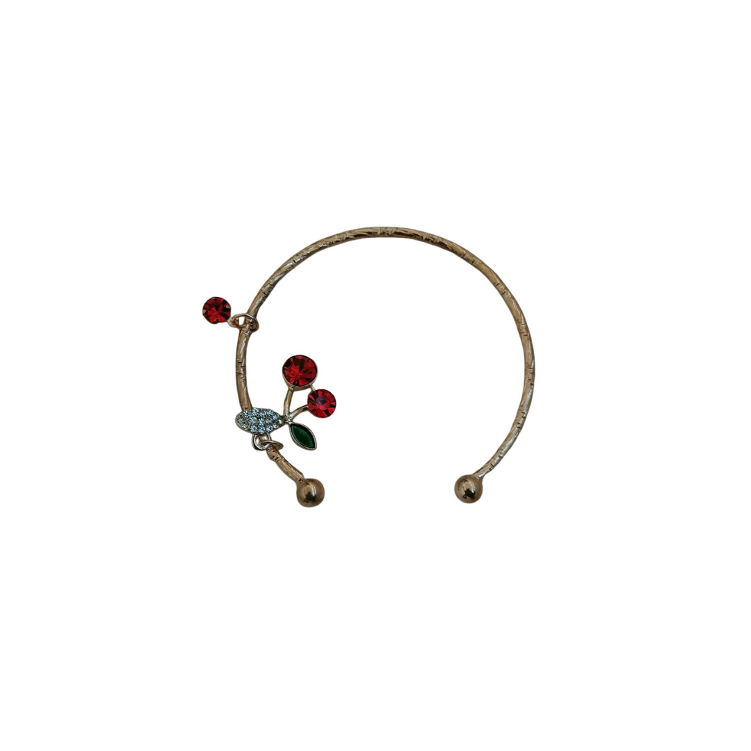 Gold Tone Cherry Charm Open Cuff Bracelet Red Beads Fashion Jewelry