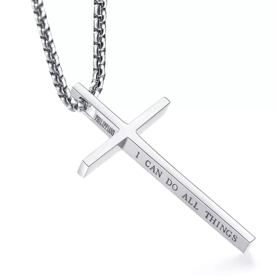 Men Women Cross Necklace Stainless Steel Christian STRENGTH Pendant Chain 24″