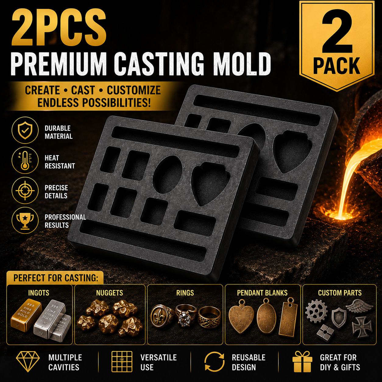 2PCS Graphite Ingot Casting Mold 11 Cavity 4x4in Gold Silver Copper Melting Tool
