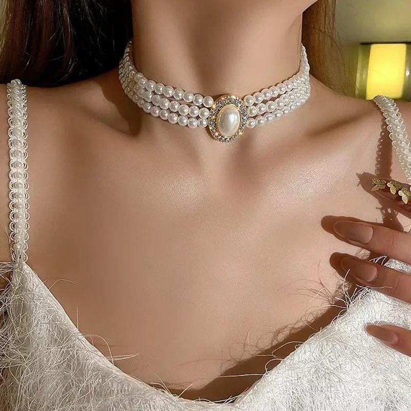 Multi Layer Pearl Necklace, Women’s Jewelry Set with Diamonds Imitation Pearl