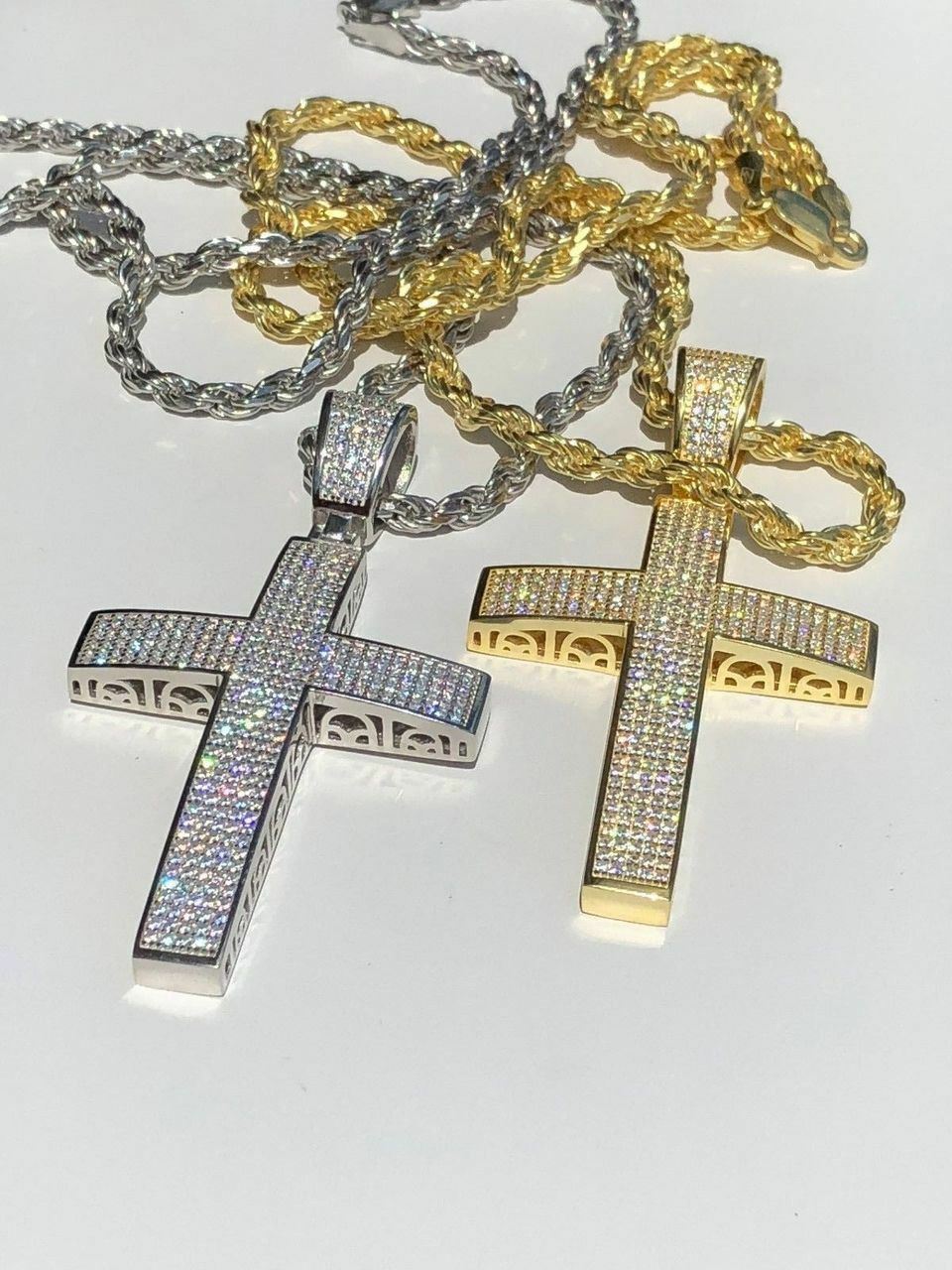 Mens Solid 925 Silver Cross Pendant Real ICED 3ct CZ 14k Gold Plated Rope Chain