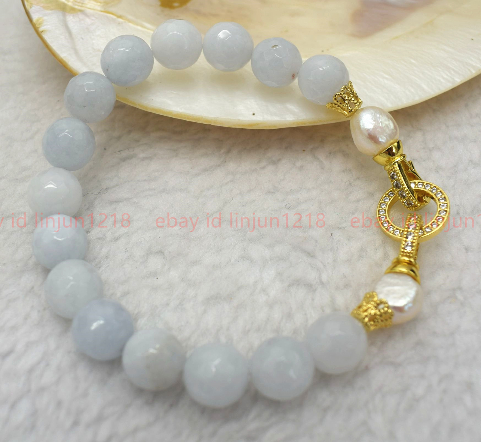 Natural 8mm Light Blue Aquamarine Round Gemstone Bead White Pearl Bracelet 7-9in