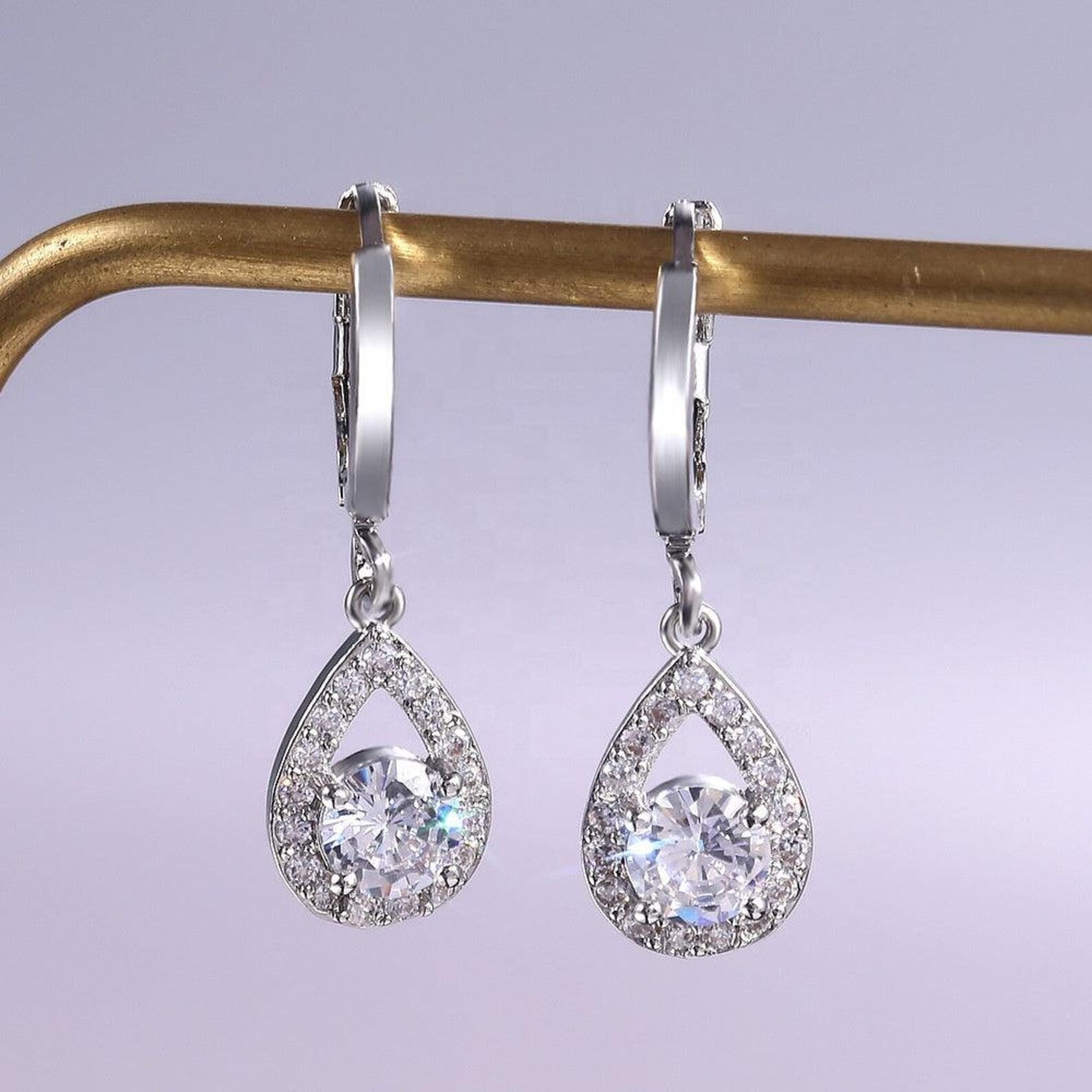 18k White Gold Round Cz Teardrop Leverback Earrings Made With Swarovski Elements