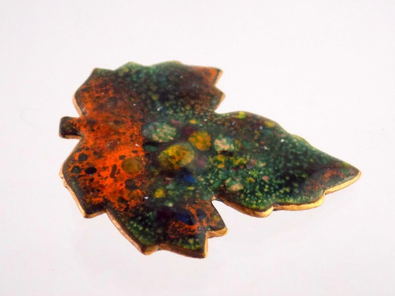 Vintage Enamel over Copper Leaf Pin MCM Mid Century Modern Brooch Unsigned VG