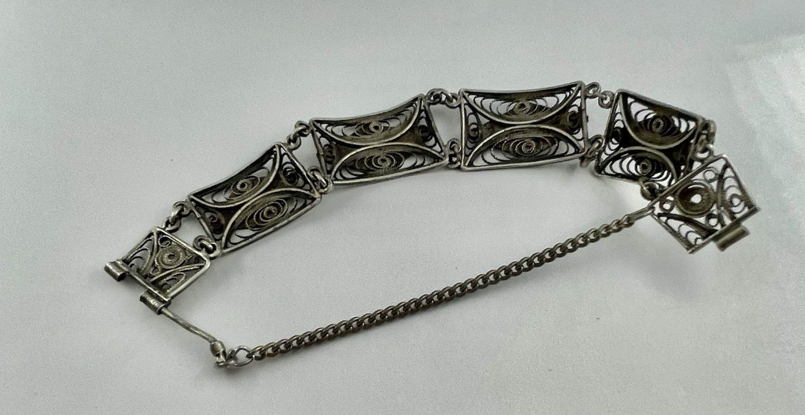 Antique Vintage Sterling Filigree 4 Picture Panel Bracelet 6 1/2” AS IS