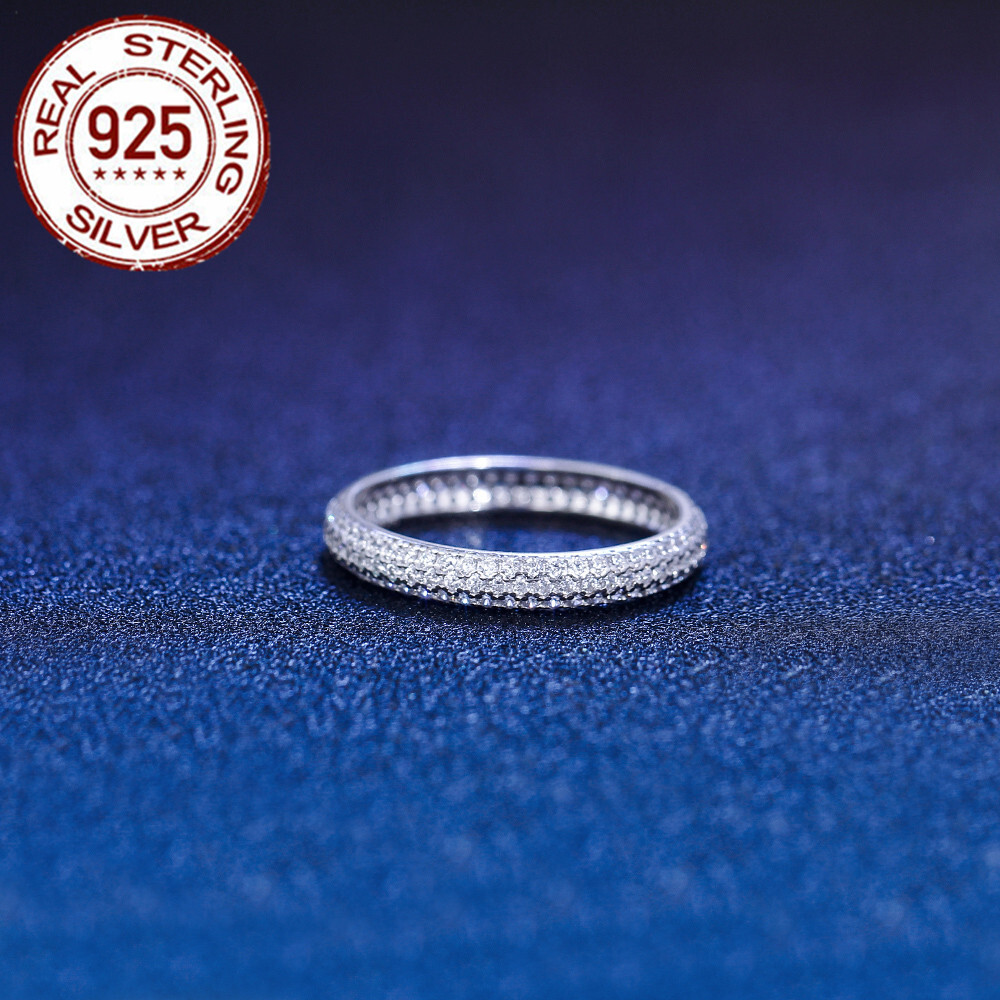 Solid Sterling Silver Cubic Zircon Full Paved Wedding Ring Women Engagement Gift