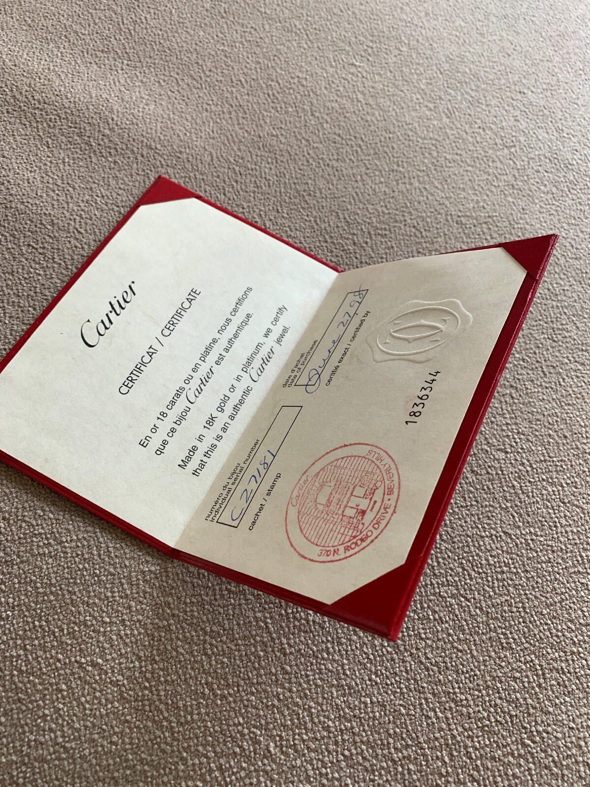 Cartier 18K Gold or Platinum Jewelry Jewel Certificate Guarantee Authentic