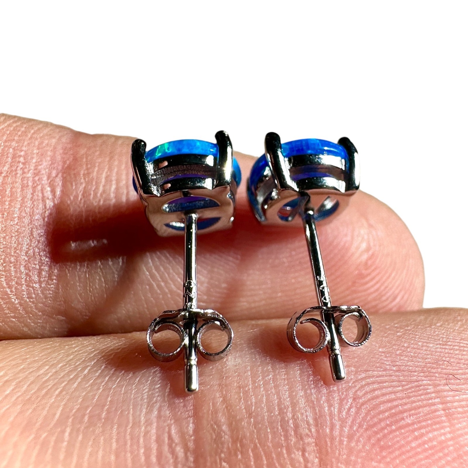 Blue Opal Stud Earrings 7mm 925 Sterling Silver Round Earrings for Women