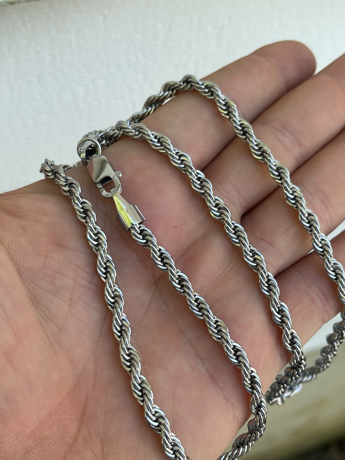 Men’s Real Solid Rope Chain Necklace Stainless Steel – Rhodium – 2mm-6mm 18-30″