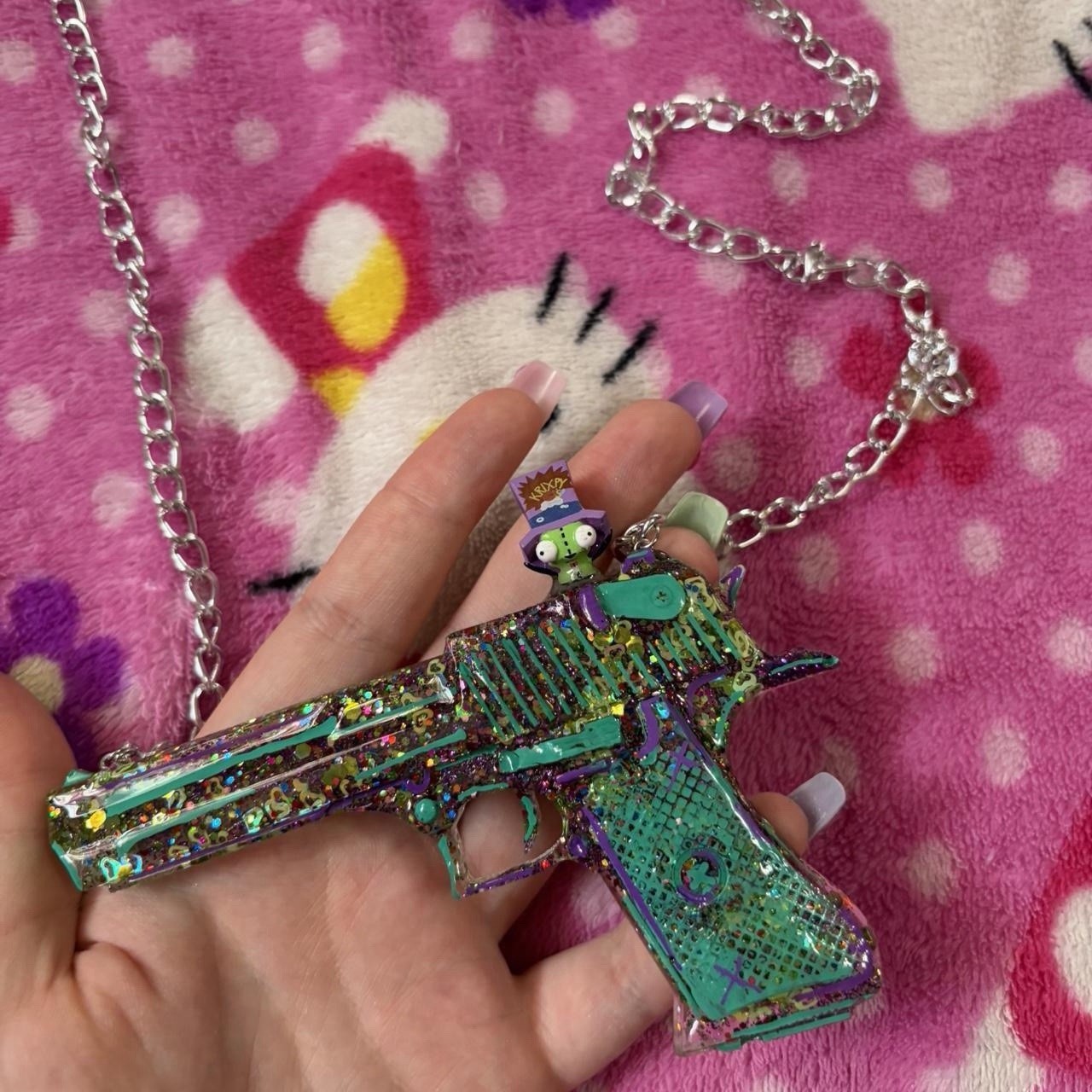 Handmade glitter gun charm pendant necklace green purple with little gir charm