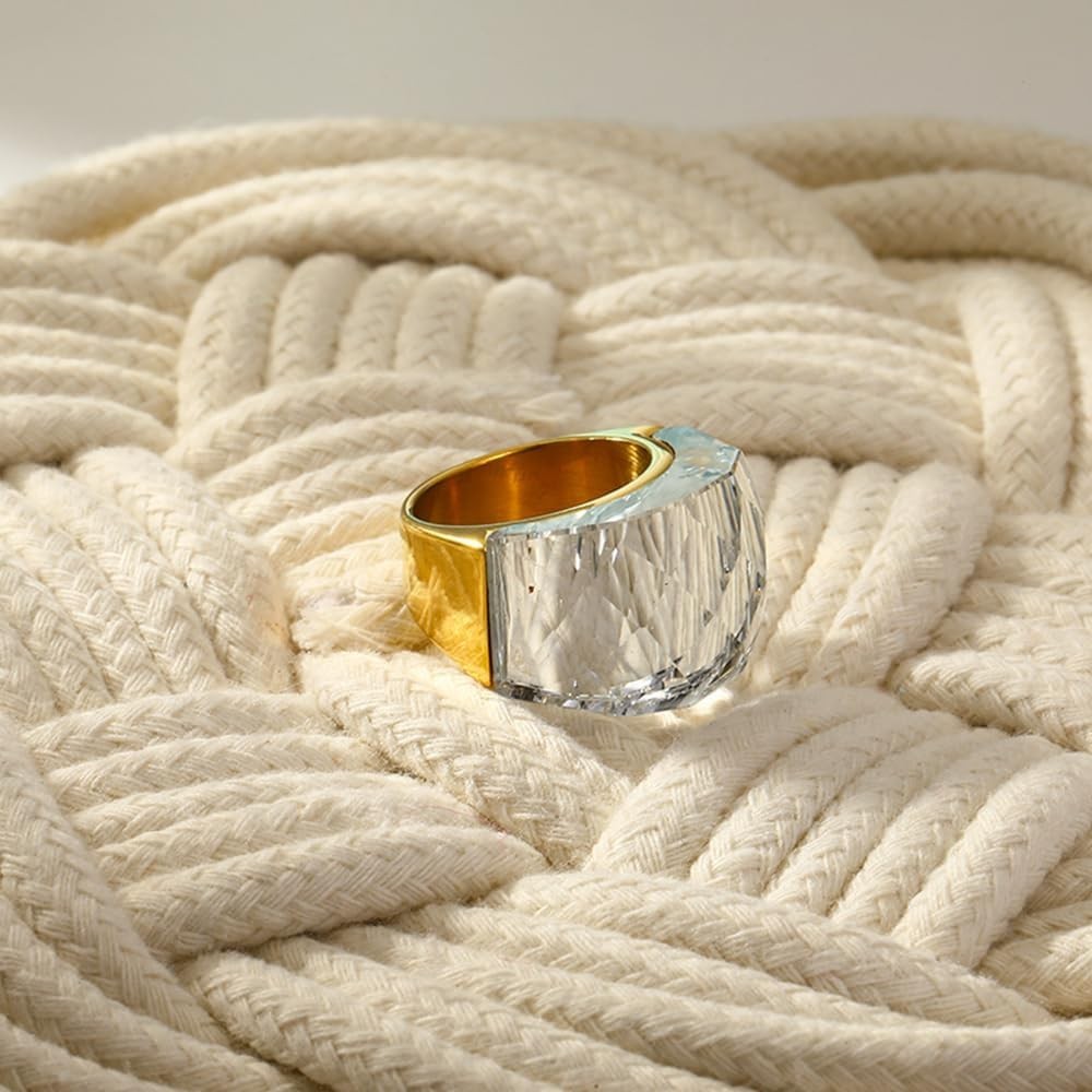 Crystal Glass Stainless Steel Band Ring Gold-Tone Plated Fashion Exaggerated …