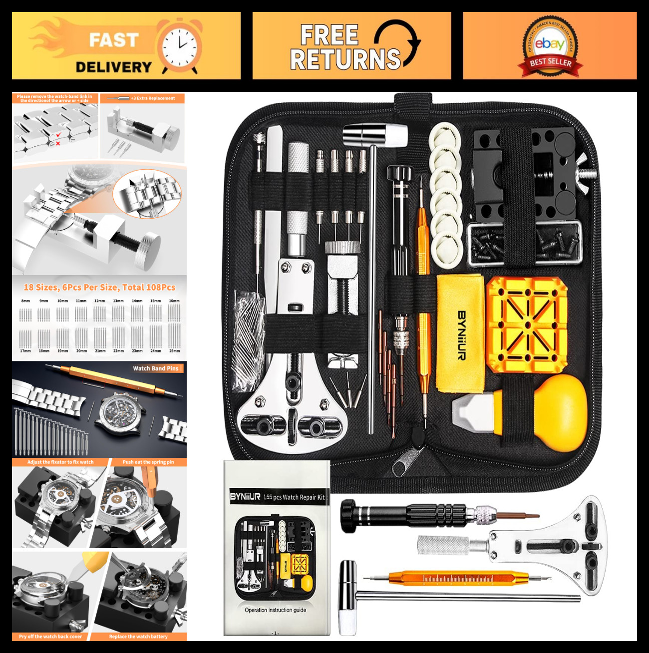 Watch Link Removal Kit & Repair Tools Set, Case Opener, Battery Replacement, Car