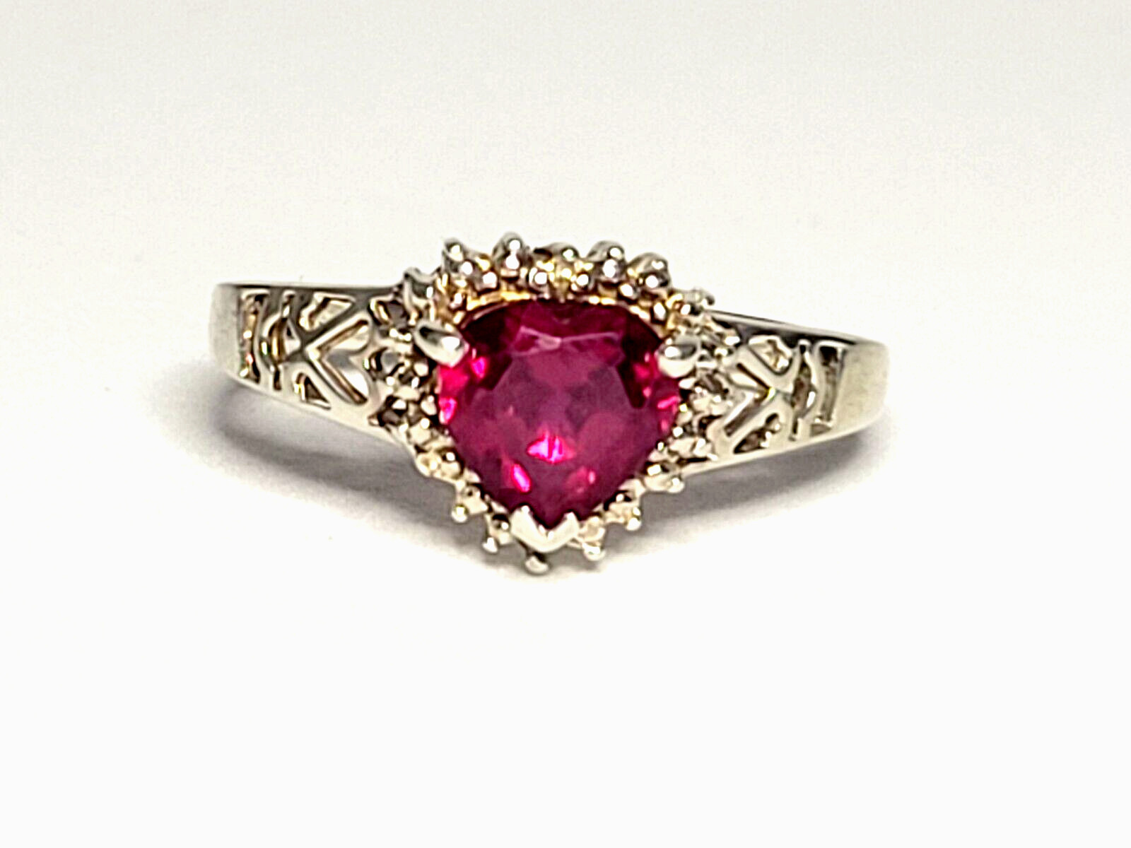 Sterling Silver (.925) Lab Created Ruby Heart & Diamond Accent Ring, Size 7, JJT