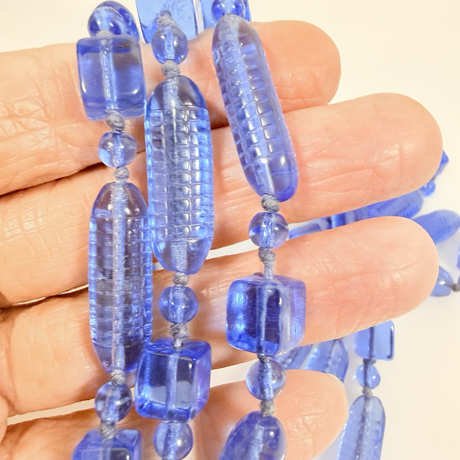 Antique Art Deco Necklace Cobal Blue Tubular Czech Glass Beaded 58″