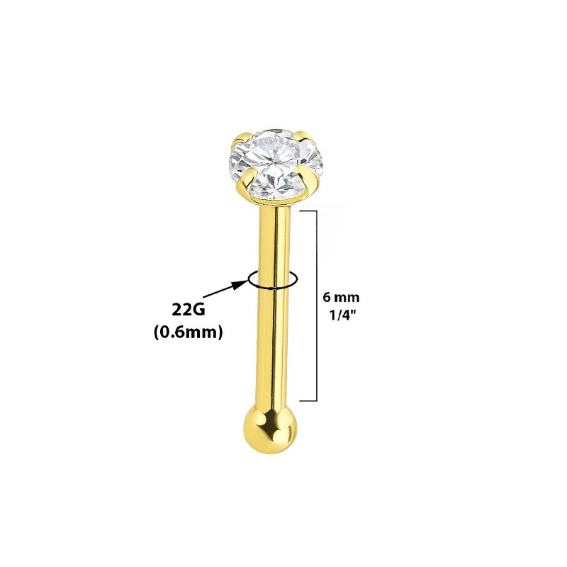 14k Solid Gold Nose Bone Stud Ring 22G with Prong Setting Round CZ Nose Piercing