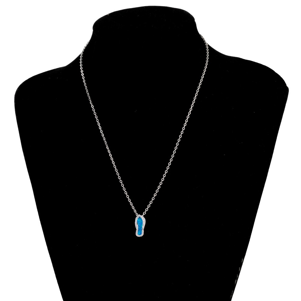 Beach Flip Flop Ocean Blue Fire Opal CZ Silver Jewelry Necklace Pendant