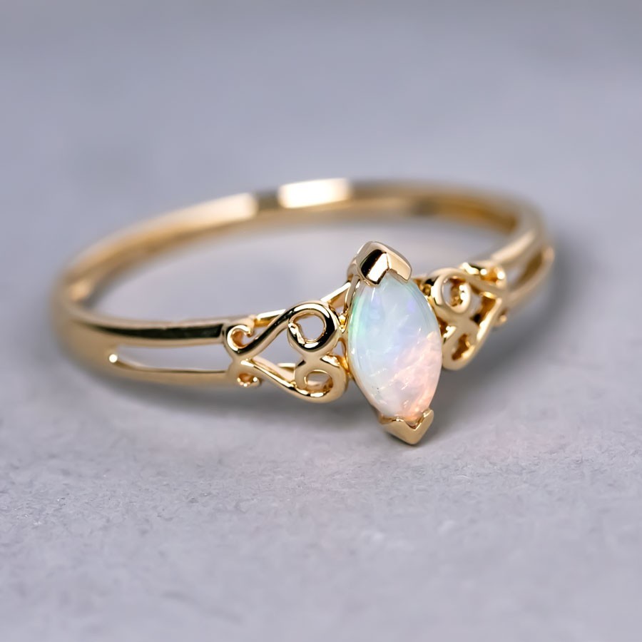 Vintage Inspired Australian Solid Opal Engagement Wedding Ring 14K Yellow Gold