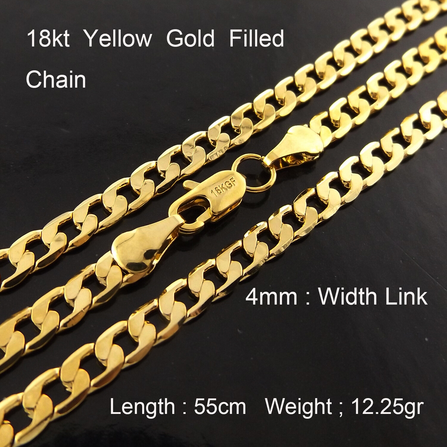 Necklace Real 18Kt Yellow Gold Filled Solid 4mm Curb Cuban Chain 55 cm : 22 inch
