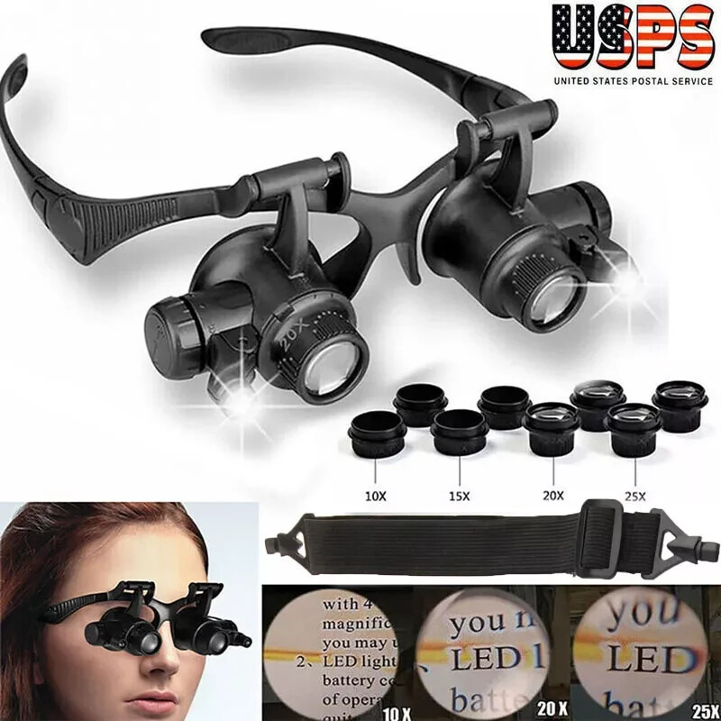Double Eye Jewelry Watch Repair Magnifier Loupe Glasses With LED Light 8 Lens US