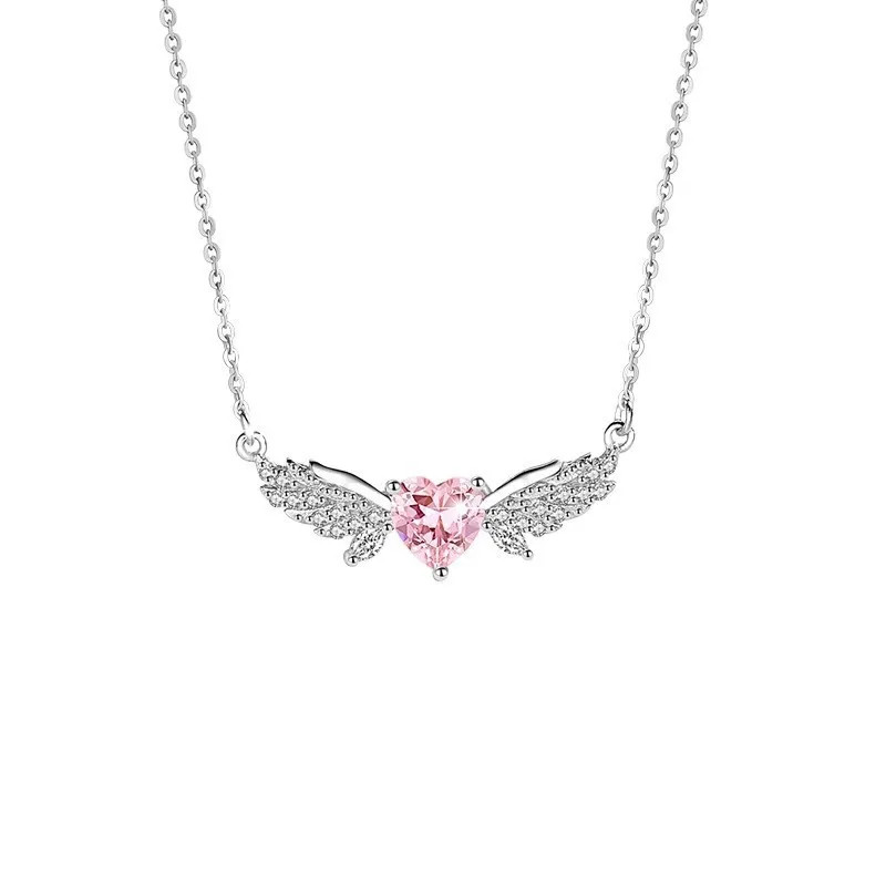 Crystal Angel Wings Pink Heart Pendant Necklace Women Clavicle Chain Choker