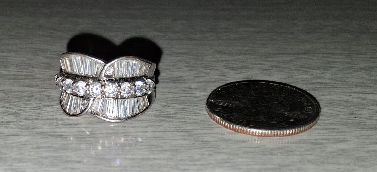 Silver Tone Clear Baguette & Round Rhinestone Cluster Cocktail Ring Size 7