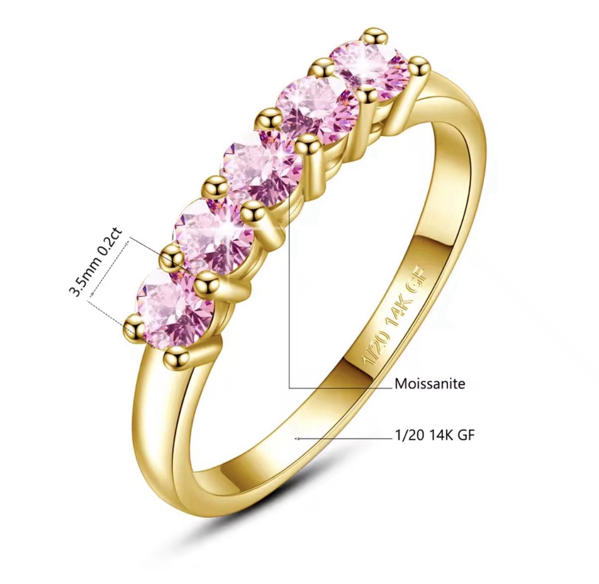 14K Gold Filled Pink Moissanite 5 Stone Ring D Color VVS1 GF Size 5