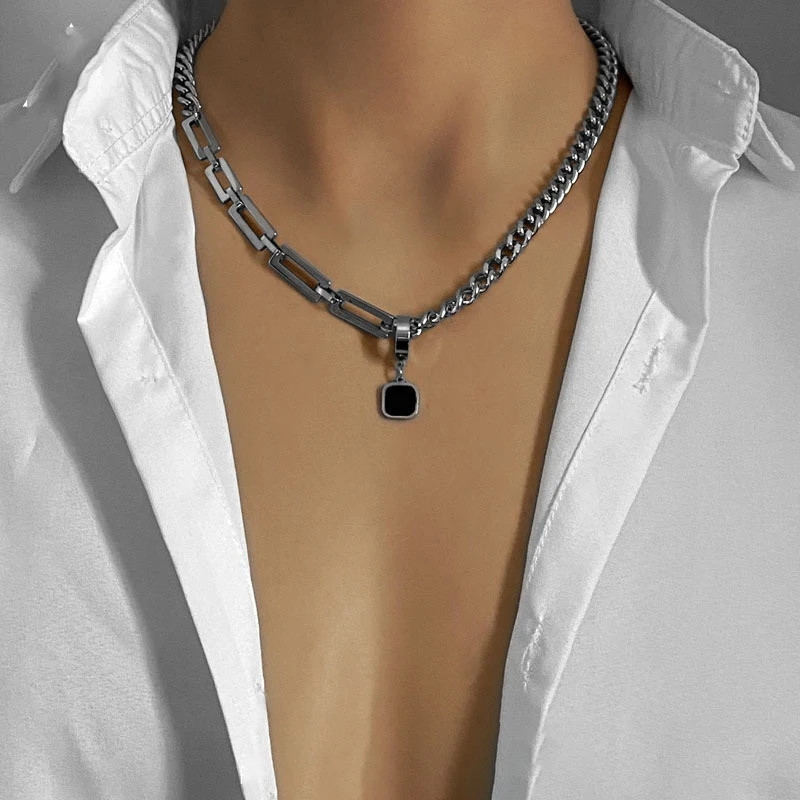 /Creative Hip-hop Tide Brand Simple Black Square Earrings Pendant Necklace Men’s