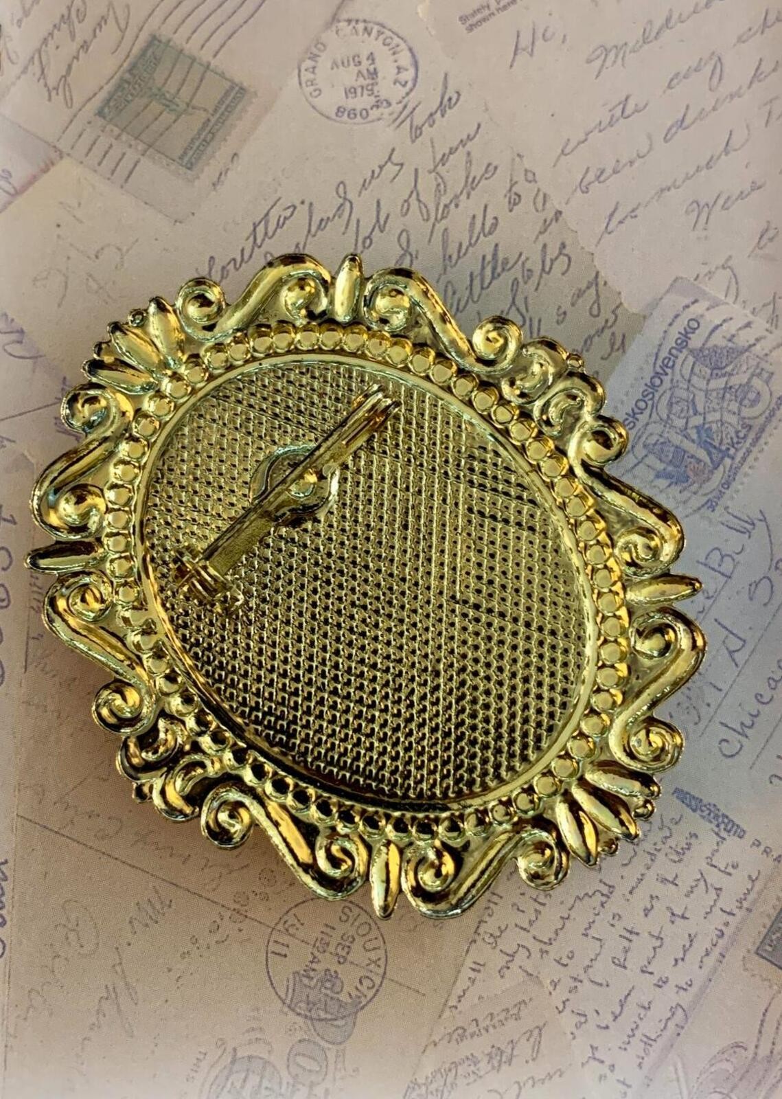Vintage Ornate Foil-Backed Classical Portrait Brooch Made in Taiwan