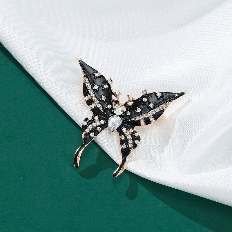 Vintage Black Enamel Butterfly Brooch Gold Tone Crystal Rhinestone Pin