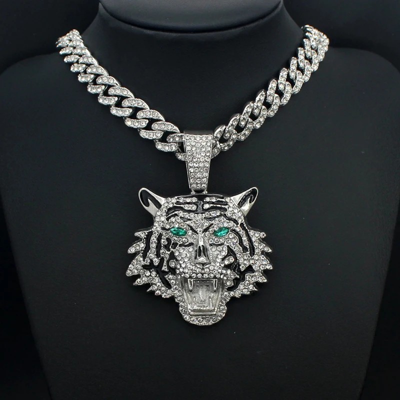 Hip Hop Iced CZ Tiger Pendant Necklace Crystal Cuban Chain Fashion Charm Jewelry