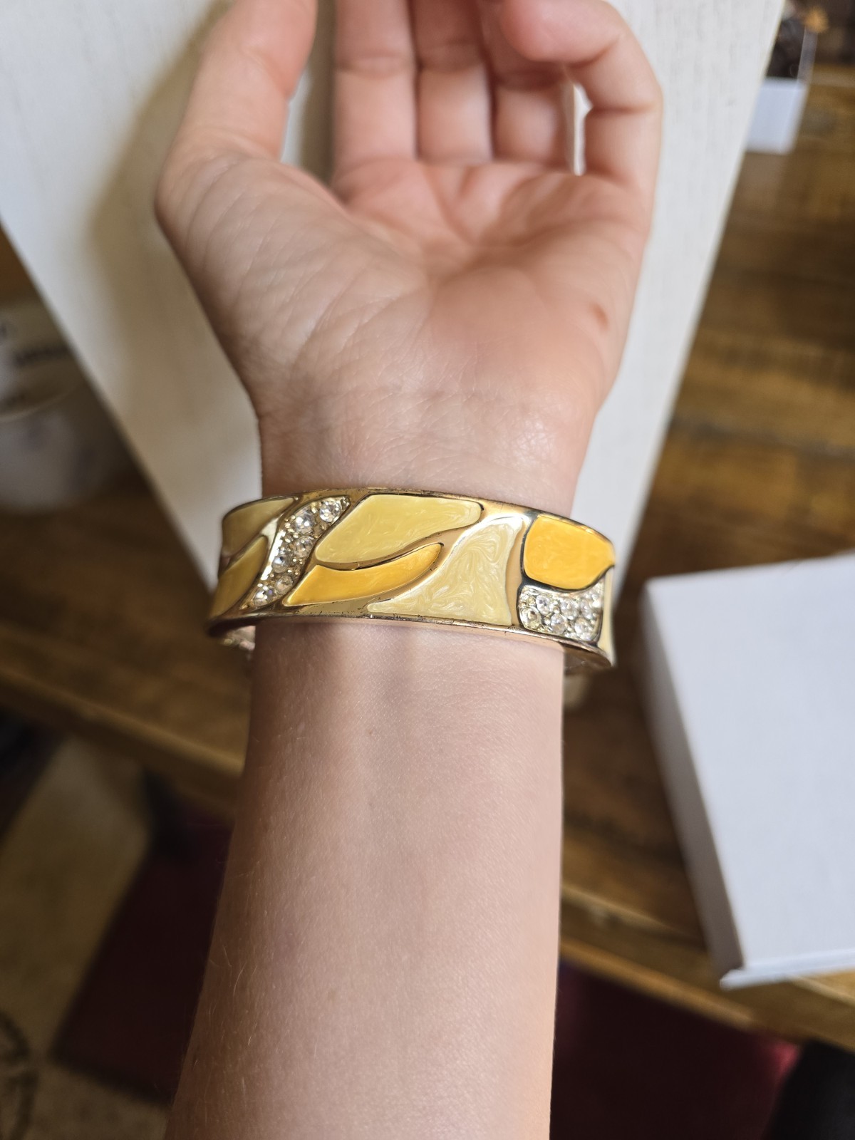 Yellow Enamel Hinged Bracelet Sunflower Silver Gold Tone Rhinestone Fashion