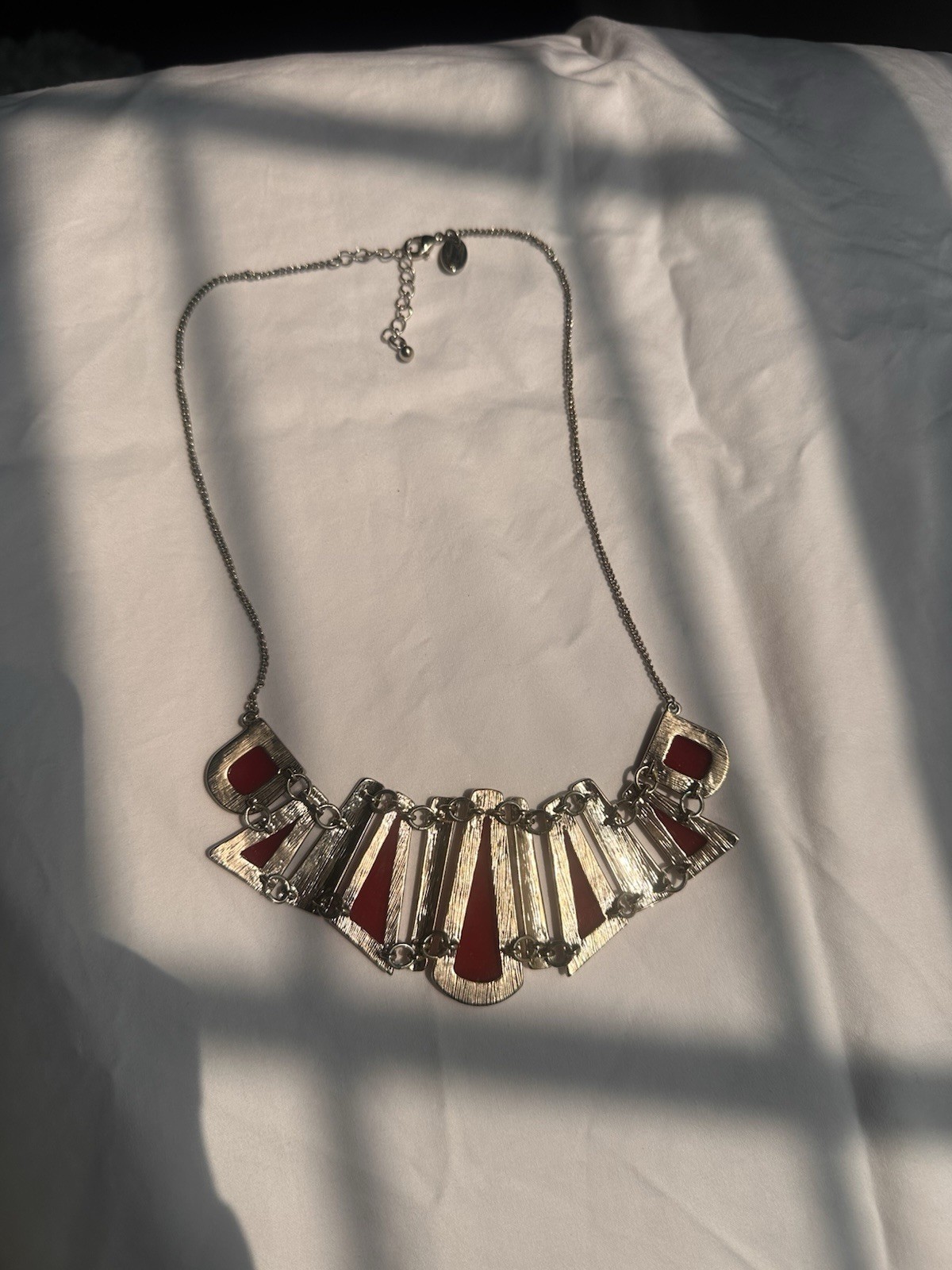 Silver & Gold Red Asymmetrical Pendant Statement Cable Chain Necklace Lobster