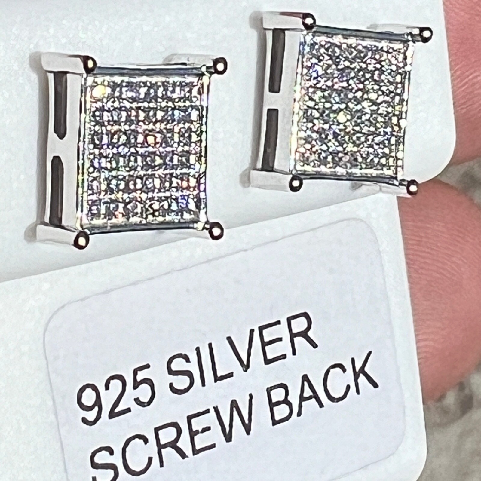 Real Solid 925 Silver Square Micro Pave CZ Iced Bling Out Hip Hop Earrings 9.5mm