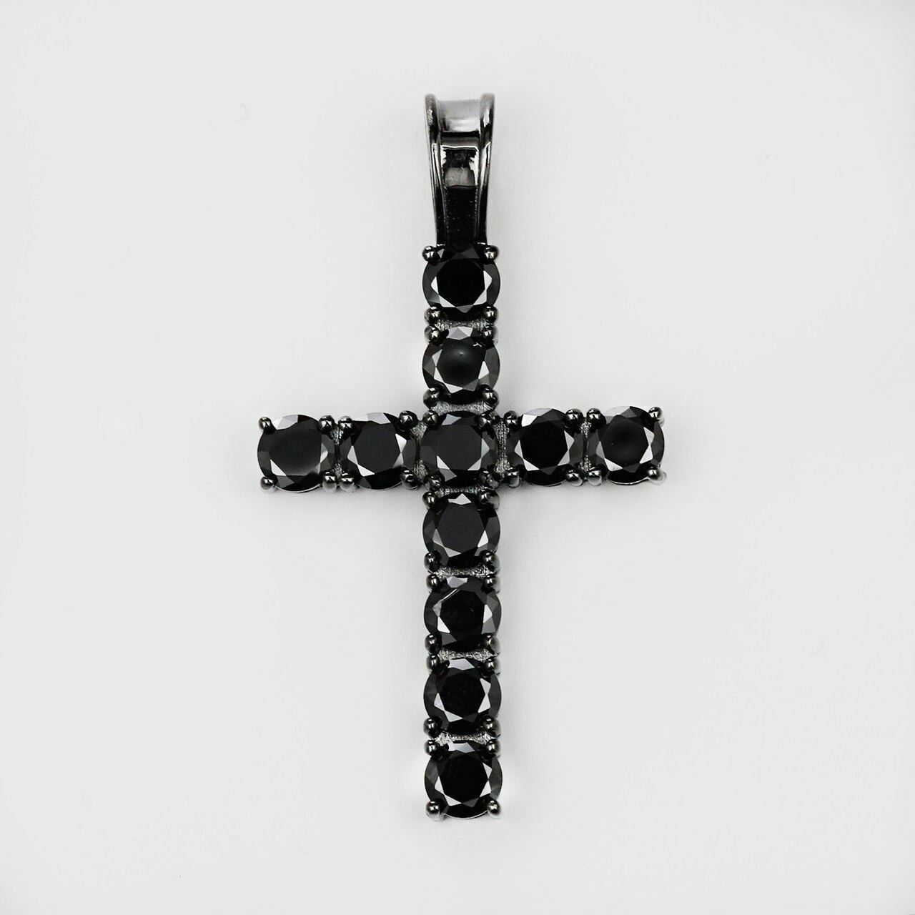 Tennis Chain W. Cross Solid Real 925 Sterling Silver 4mm Black CZ 1 Row