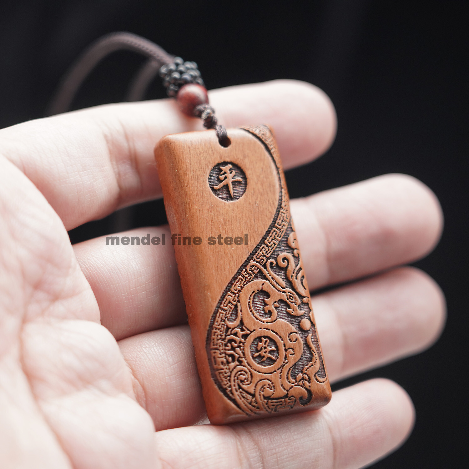 MENDEL Carved Mens Wood Wooden Yin Ying Yang Protection Pendant Necklace Rope