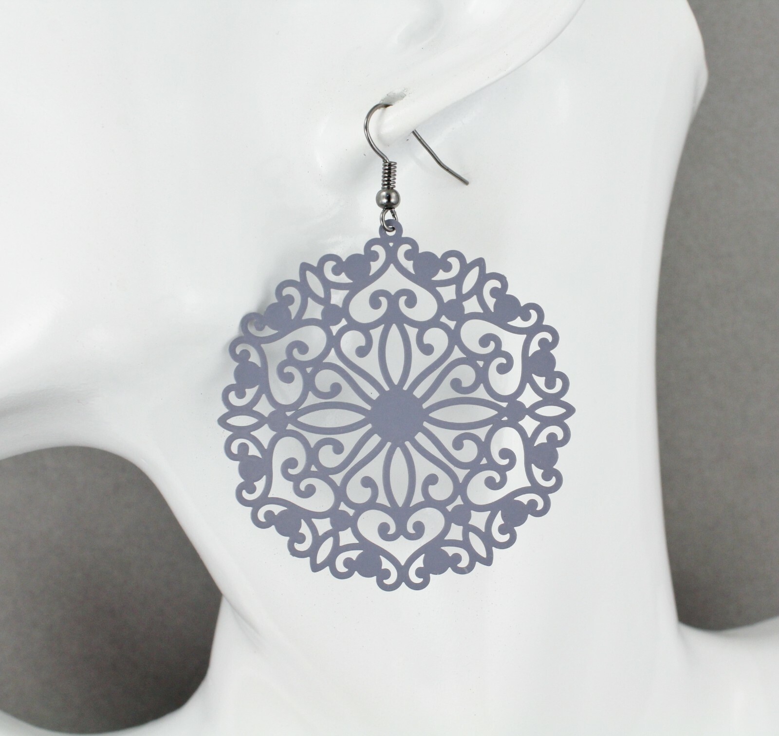 Grey round earrings cut out lace filigree scroll circle 2.5″ long very Light