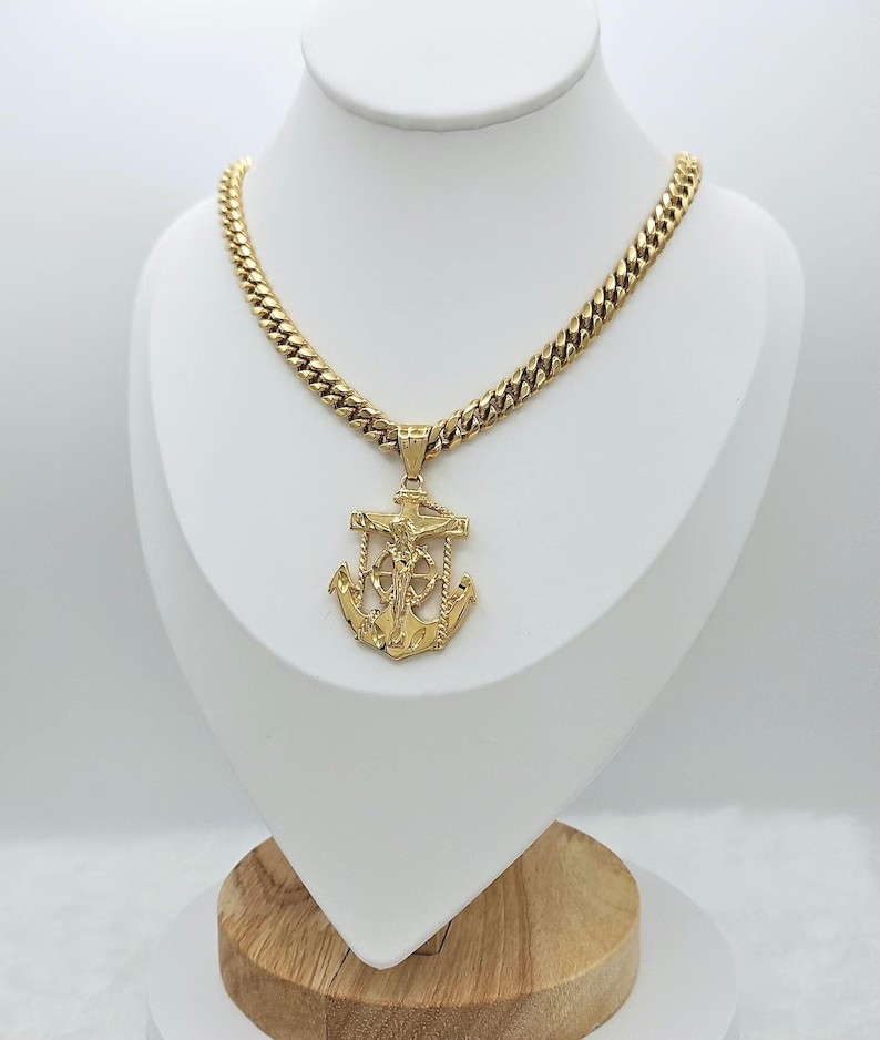 Gold Anchor Jesus Necklace, 14k Gold Plated, 7mm Curb Chain, No Fade